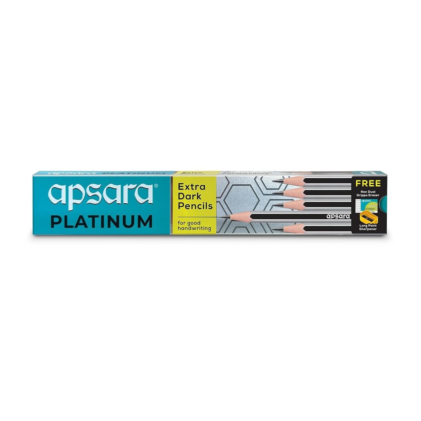 Apsara Platinum Pencils | Hexagonal Body for Strong Grip | Extra Dark | Easy Sharpening |Free Sharpener & Eraser | Non-Toxic | Pack of 10 pencils