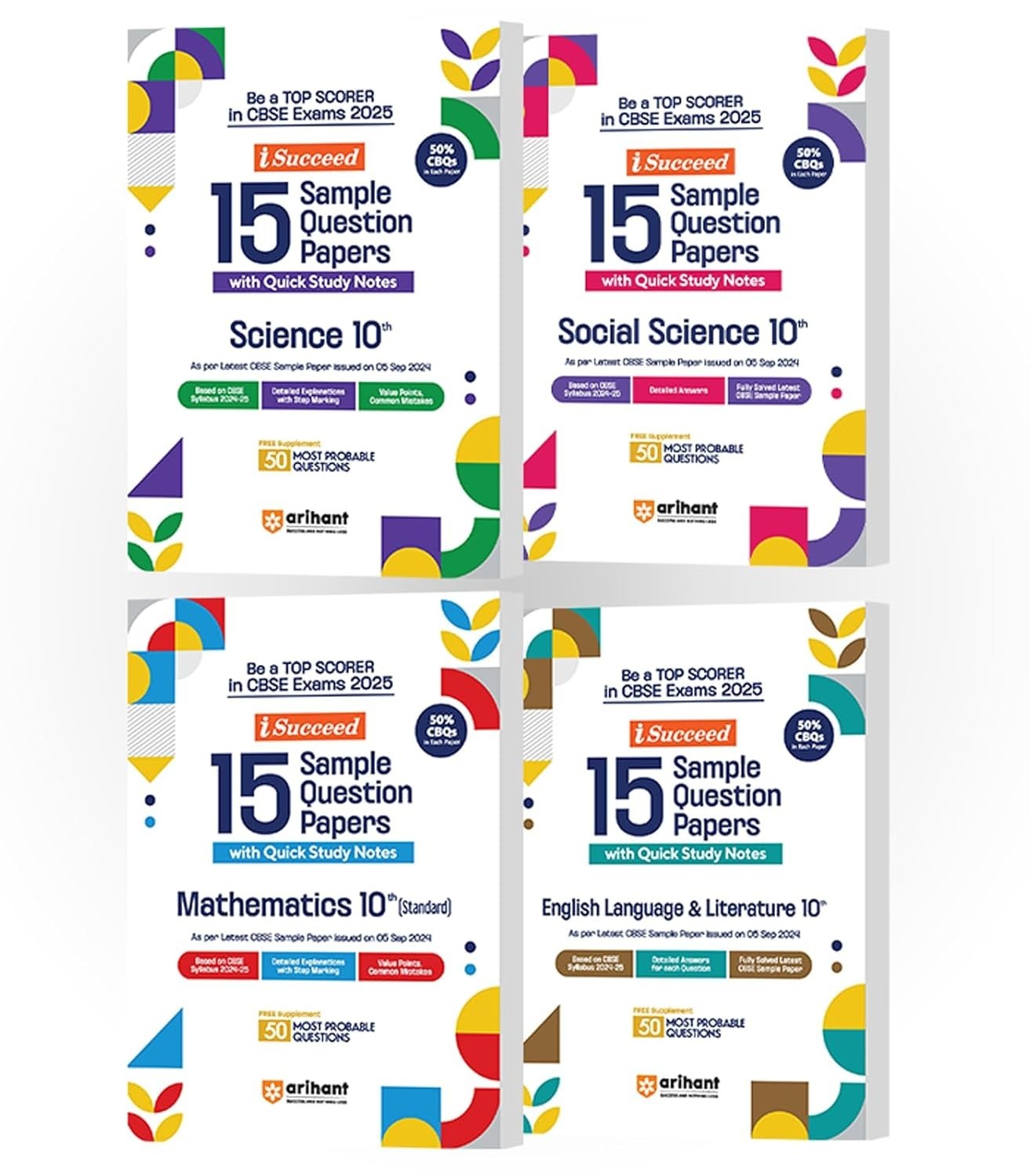 Arihant i Succeed 15 Sample Question Papers for Maths Standard, Science, Social Science, English Language & Lit. | As per latest Sample Paper issued on 5 Sept. 2024 | 50% CBQs in each paper - Class 10 CBSE