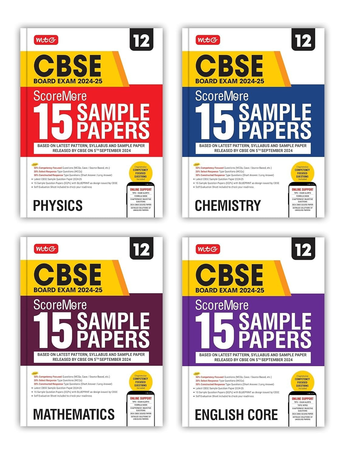 MTG ScoreMore 15 Sample Papers (PHYSICS, CHEMISTRY, MATHS, ENGLISH) Based on Latest CBSE Pattern & Syllabus |Detailed Solution of each Chapter - Class 12 (For 2025 Exam)