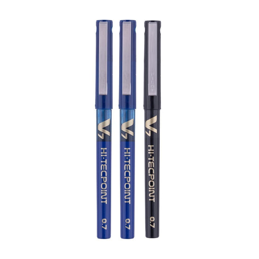 Pilot Hi-Tecpoint V7 0.7mm Fine Point Pure Liquid Ink Roller Ball Pen | Pack Of 3 (2 Blue + 1 Black)