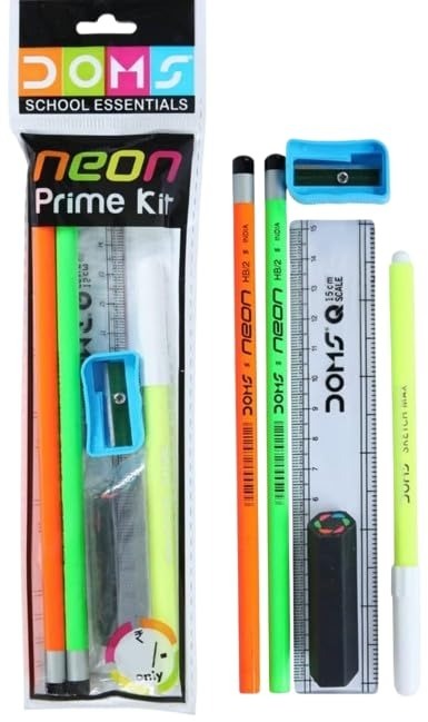 DOMS Neon Prime Stationery Kit Combo| 5 Items in A Pack| Birthday Gift for Children (Pack Of 3)