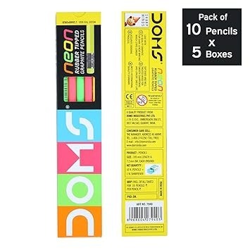 Doms Neon Rubber Tipped HB/2 Graphite Pencils Box Pack | Non-Toxic | Free Sharpner Inside The Box | Easy & Smooth Sharpening | Pack Of 10 Pencils