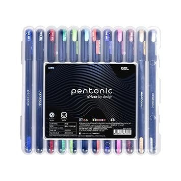 Pentonic Multicolor Gel Pen With Hard Box Case | 0.6 mm-1.0 mm | Sleek Matt Finish, Featherlite feel | Waterproof Gel Ink, Ultra- Low Viscosity Ink | Black Body, 12 Pcs Set