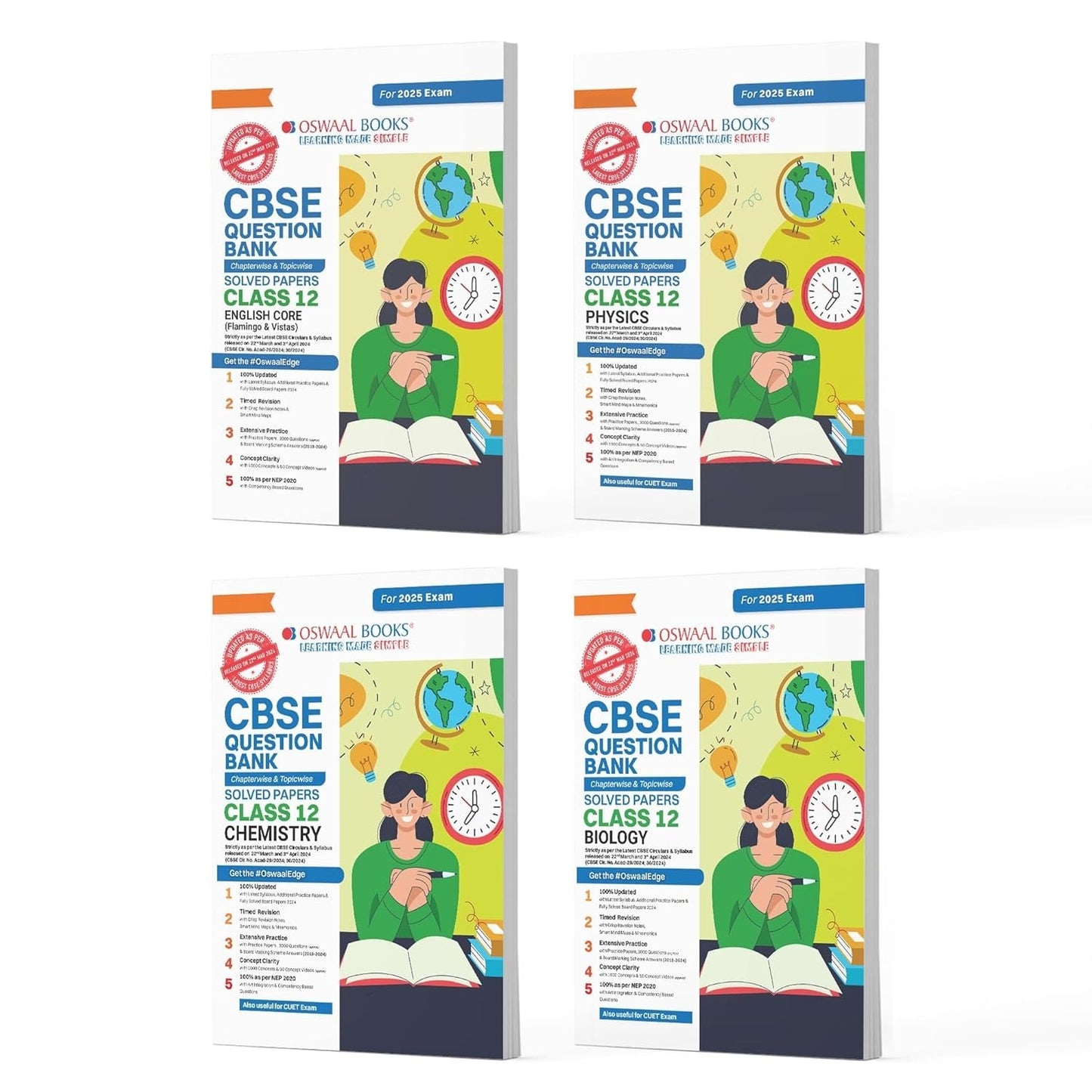 Oswaal PHYSICS, CHEMISTRY, BIOLOGY, ENGLISH Question Bank Chapterwise and Topicwise Solved Papers [2024-25] - Class 12  [Set of 4 Books]