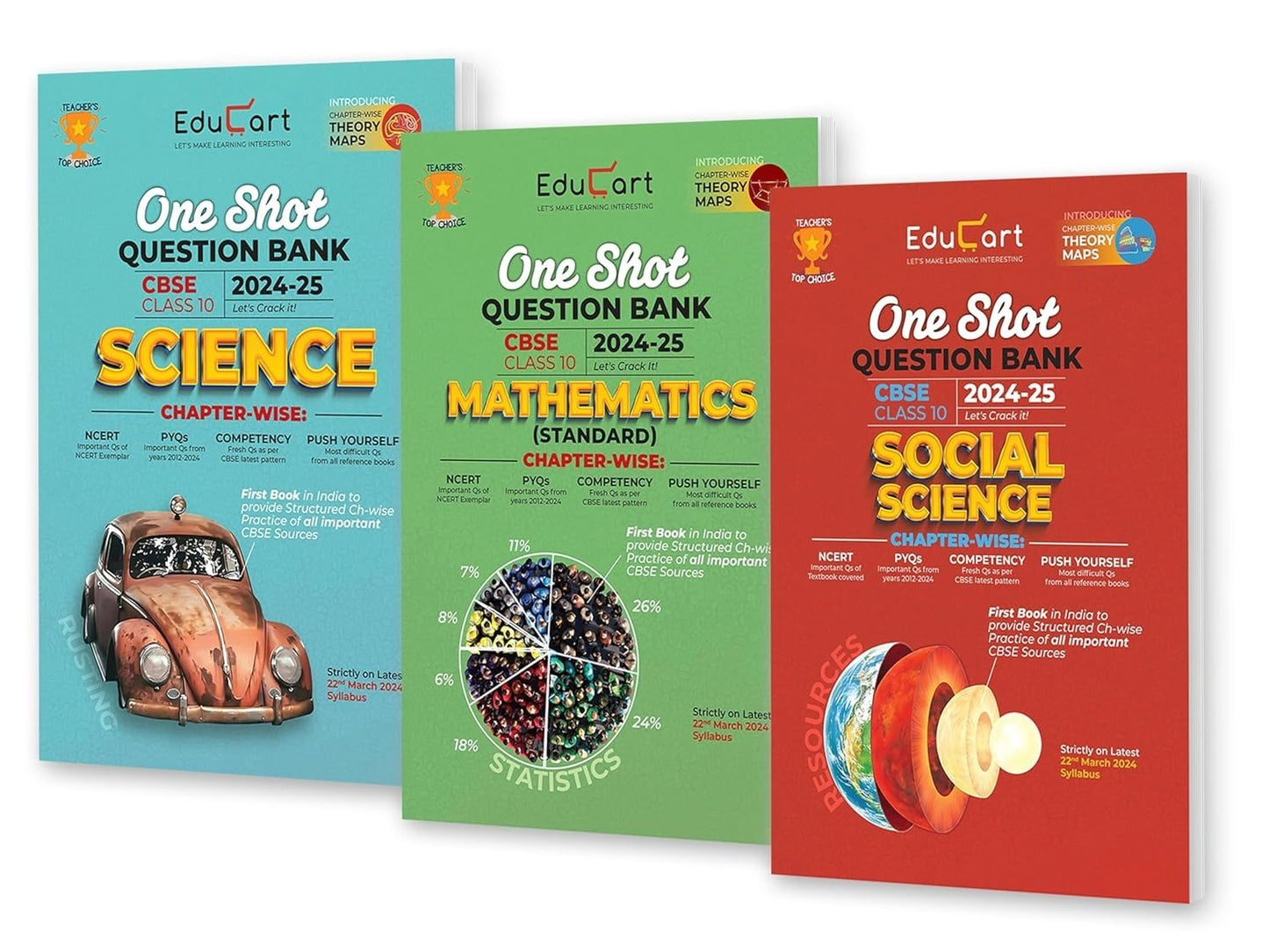 Educart SCIENCE, MATHEMATICS & SOCIAL SCIENCE One Shot Question Bank (for 2025 Exam) -  Class 10   [Set of 3 Books]
