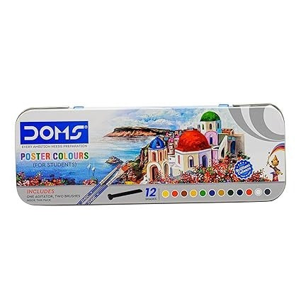 Doms 12 Shades Poster Colours | Rich & Vibrant Colors | Free Agigator & Brush Inside For Uniform Mixing | Non-Toxic & Safe For Childrens
