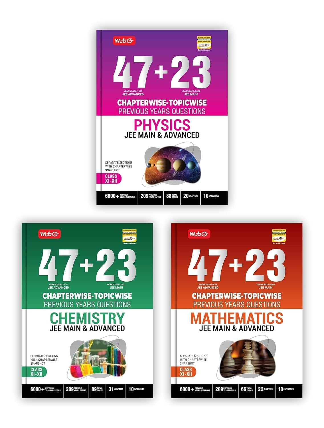 MTG MATHEMATICS, PHYSICS, CHEMISTRY 47 + 23 Years JEE Main (2024-2002) and JEE Advanced (2024-1978) Chapter-wise Topic-wise Previous Years Solved Question Papers Book – JEE PYQ Question Bank For 2025 Exam [Set of 3 Books]