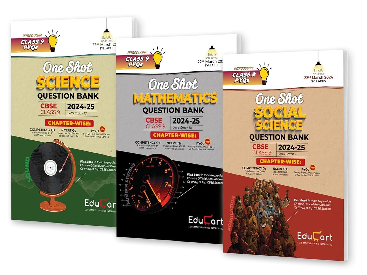 Educart (MATHEMATICS, SCIENCE, SOCIAL SCIENCE) One Shot Question Bank (for 2025 Exam) -  Class 9  [Set of 3 Books]