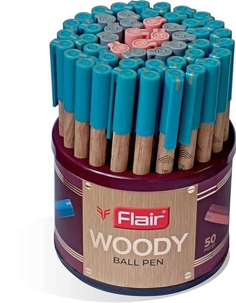 FLAIR Woody 0.7mm Ball Pen Box Pack | Attractive Woody Design | Blue Ink, Pack of 50 Pens